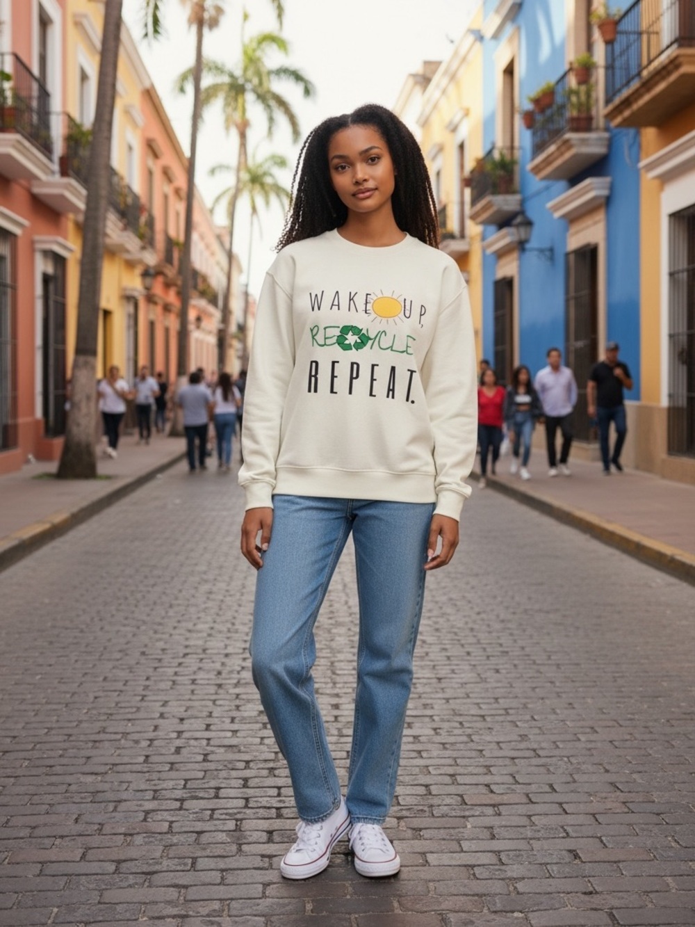 NWT Ecothreads Crewneck Sweatshirt M “Wake Up Recycle Repeat” Cream
